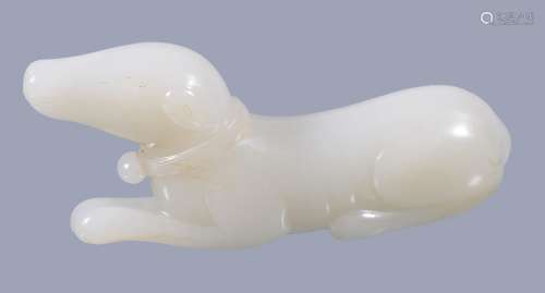 A Chinese white jade of a hound, of even colour