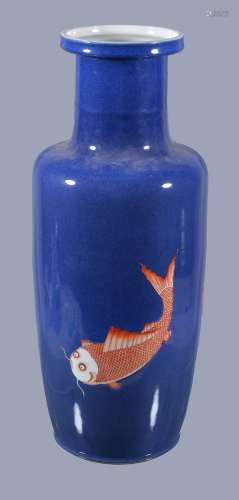 A Chinese iron-red and powder blue 'fish' rouleau vase