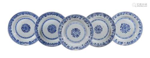 Five Chinese blue and white plates , Kangxi