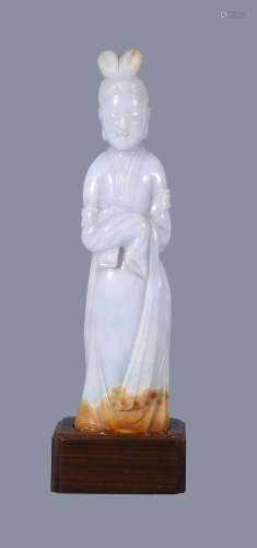 A Chinese Jadeite standing figure, wearing a long-sleeved robe with a sash