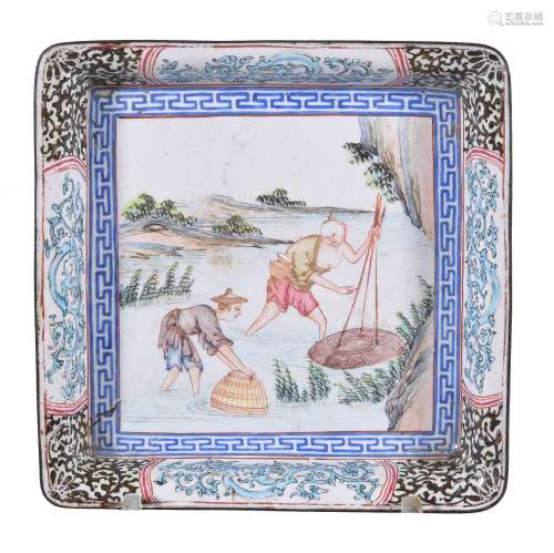 An 18th century Cantonese enamel dish, in polychrome enamels with fishermen...