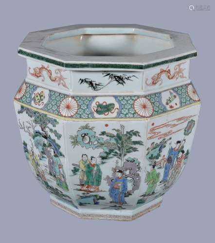 A large Chinese octagonal Famille Verte Jardinière, in Kangxi style