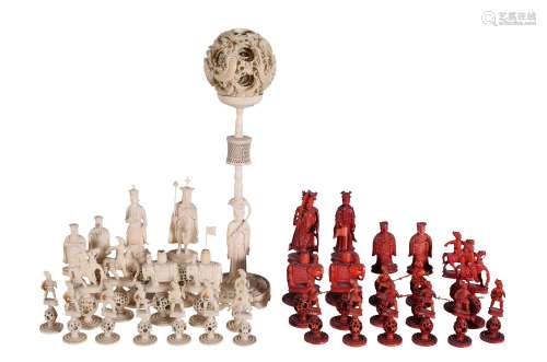 Ω A Cantonese ivory white and red stained ivory chess set