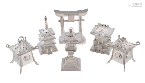 A Chinese export silver miniature 'pagoda' five-piece salt and pepper set