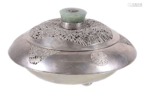 A Chinese silver powder 'shou' box and cover