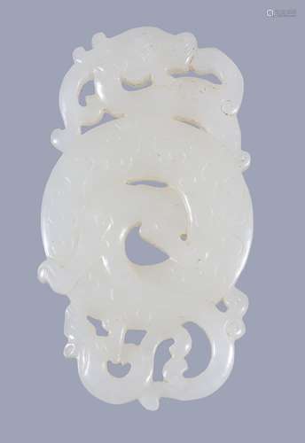 A Chinese white jade 'chilong' pendant , with a single dragon and young...