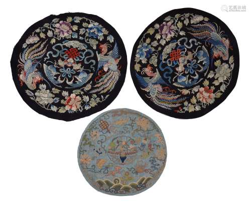 Three decorative Chinese embroidered roundels , Qing Dynasty