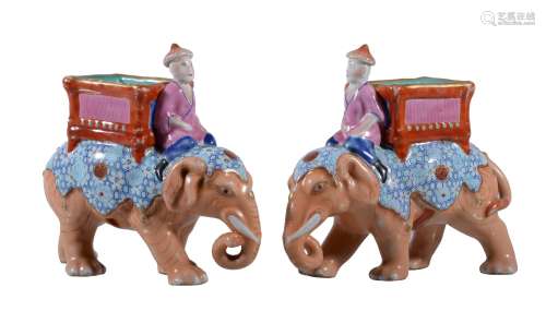 A pair of Chinese-style Famille Rose elephants and riders