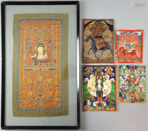 Four small Tibetan Thangkas and a Buddhist embroidery,