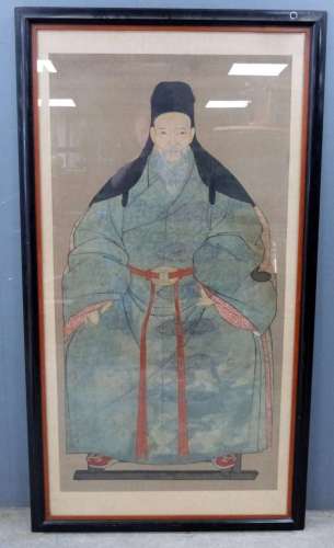 Chinese scroll painting depicting an elderly bearded man in a long robe, 160cm x 82cm,
