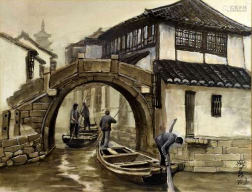 Chinese watercolour painting in shades of grey and brown depicting figures on punts on a river with buildings, with calligraphy, and 86.3, 43cm x 55cm,