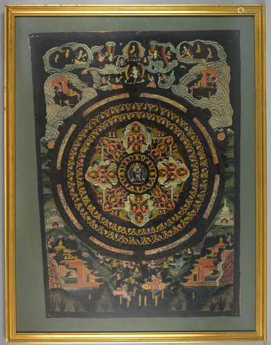 Tibetan mandala painting with central figure and buddhistic figures around, 88cm x 63cm,