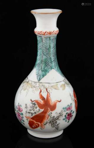 Chinese white ground bottle vase decorated with Koi carp and stylised foliage, 24cm high,