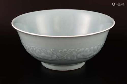 Chinese blue glazed bowl with a band of floral decoration, blue seal mark to base, 24cm diameter,