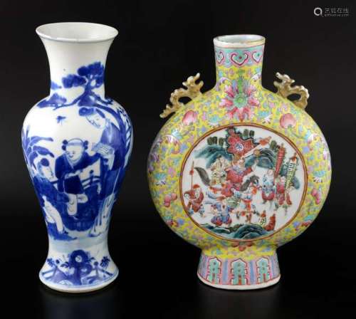 Chinese famille rose moon flask, decorated with two panels, one depicting figures, the other birds, 25cm high, a blue and white vase decorated with figures, four character mark to base, 26cm high, and a Japanese Kutani vase, mark to base, 29cm high,