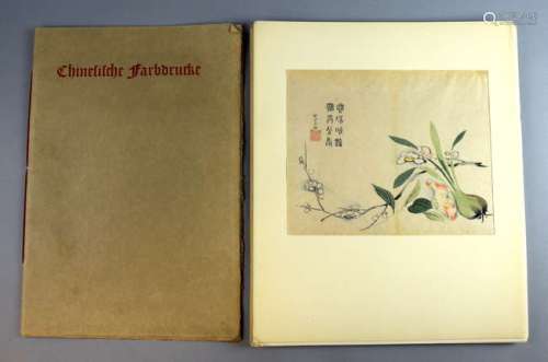 Folio of sixteen Chinese coloured prints, mostly depicting flowers and foliage, some with calligraphy and red stamp marks, with notes in German,