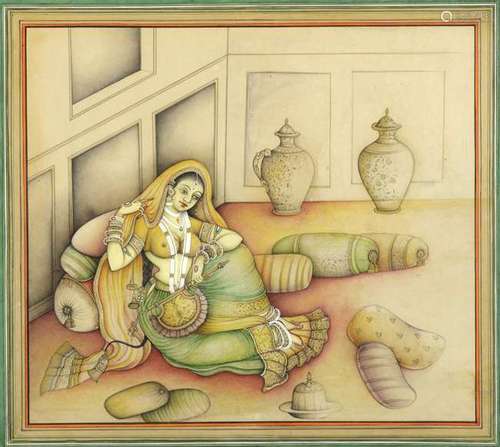 Indian watercolour and ink, Harem beauty, heightened with white and gilt, 24cm x 27cm,