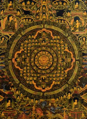 Nepalese mandala painting, with central figure of Buddha surrounded by numerous buddhistic figures, 53cm x 38cm,