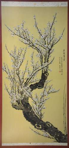 Chinese scroll painting depicting prunus blossom, with calligraphy and red seal mark, framed, 146cm x 59cm,