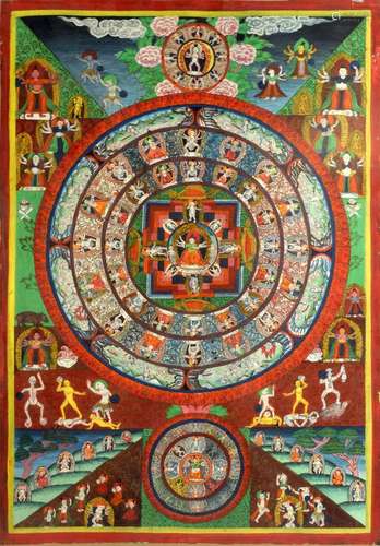 Tibetan Mandala painting on fabric depicting a single central figure with figures in three concentric circles and further figures outside of them, 61cm x 42cm