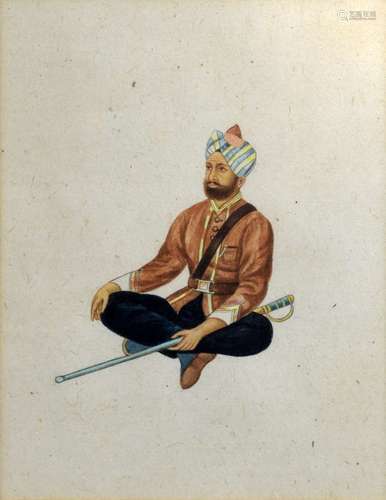 Indian watercolour painting depicting a soldier with a sword seated cross-legged, 18cm x 14cm,