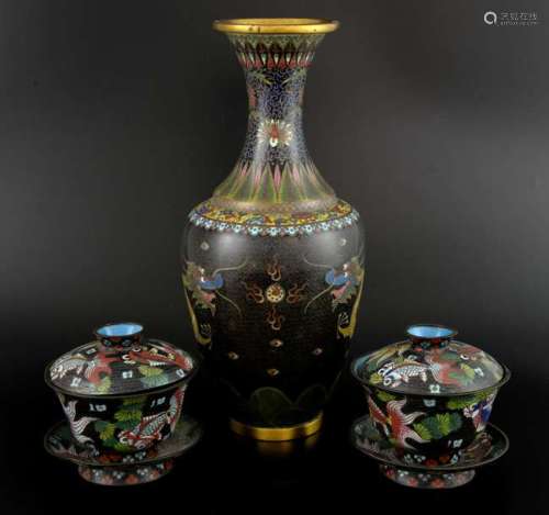 Chinese cloisonné vase decorated with two dragons chasing the flaming pearl, 31cm high, and a pair of cloisonné rice bowls and covers,