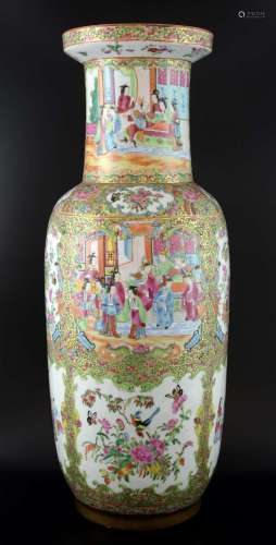Chinese famille rose Rouleau vase decorated with alternating panels of figures and exotic birds, on round foot, 62cm high,