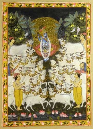 Indian painting on fabric depicting a central blue figure playing a flute and surrounded by cattle and attendants within a floral border, 49cm x 35cm,