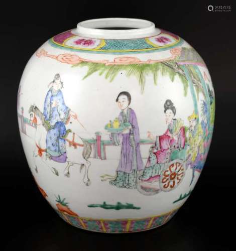 20th century Chinese famille rose ginger jar decorated in the round with figures in an outdoor setting, iron red stamped four character mark to base, 22cm high,