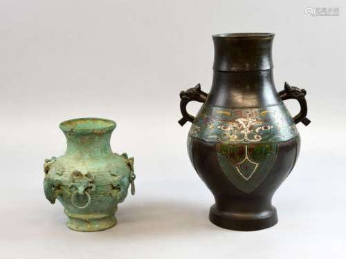 Chinese bronze cloisonne enamelled twin-handled vase 30cm high, and another smaller vase, 17cm high,