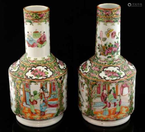 Pair of Chinese famille rose vases decorated with panels of figures, birds, flowers and foliage, 23cm high,