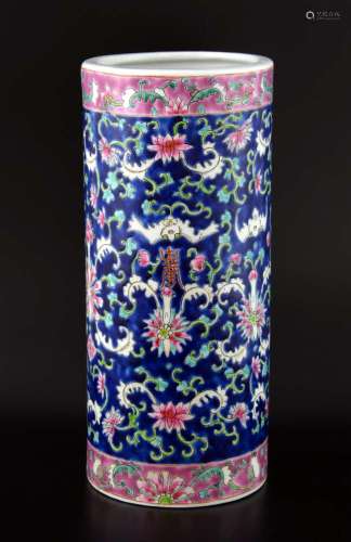 20th century Chinese famille rose porcelain vase of cylindrical form decorated with bats and scrolling floral forms, stamped iron red seal mark to base, 28cm high,