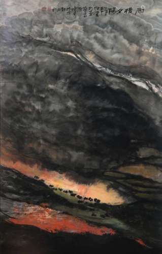 Su Po Ji, 'After the rain, sunset shining over the mountains where yaks go home' with calligraphy and two red seal marks, two labels verso, 105cm x 67cm,
