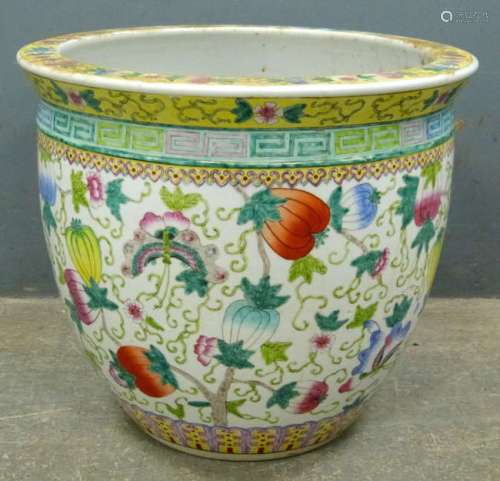 Chinese famille rose jardiniere decorated with pumpkins and butterflies, 42cm diameter,
