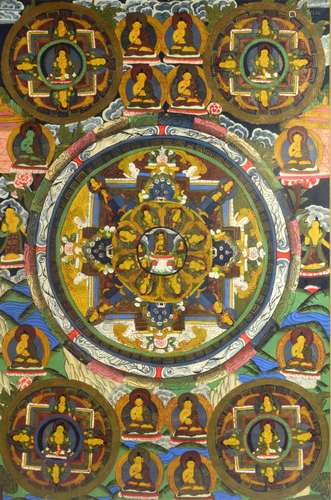 Tibetan mandala painting depicting central figure of Buddha and surrounded by buddhistic figures, 71cm x 47cm,