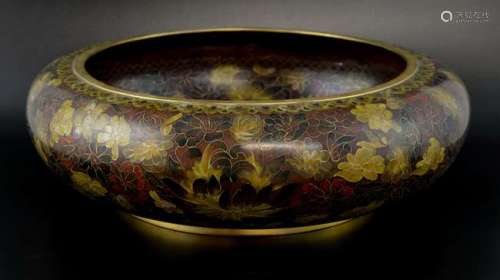 20th century Chinese cloisonne bowl decorated with flowers and foliage, 38.5cm diameter,