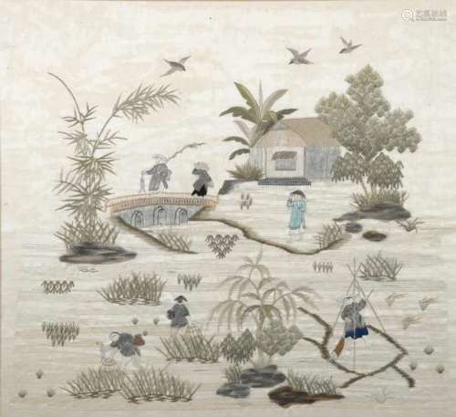 19th century Chinese silk embroidery depicting figures farming and fishing from a bridge, 40cm x 43cm,