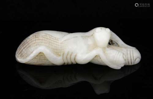 Chinese pale celadon jade chop stick rest carved as a grasshopper with two bugs between it's front legs, 7.5cm long,