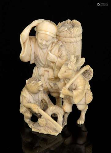Early 20th century Japanese ivory okimono depicting a scene from a folk tale, carved as a man with a basket on his back, a hare and a fox, inset signature to base, 7cm high,PLEASE NOTE: THIS ITEM CONTAINS OR IS MADE OF IVORY. Buyers must be aware th