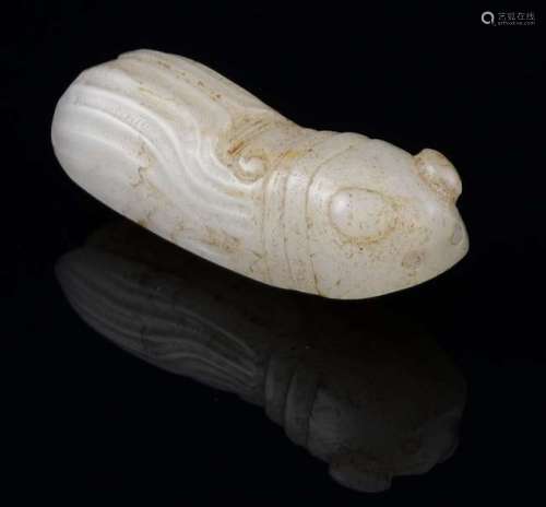 Chinese white and mottled brown carved jade cricket, 5cm long,
