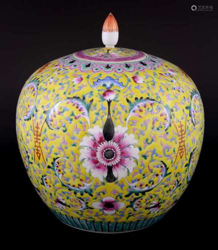 Chinese yellow ground ovoid vase and cover decorated with bats, shou characters and scrolling flowers and foliage, 25cm high,