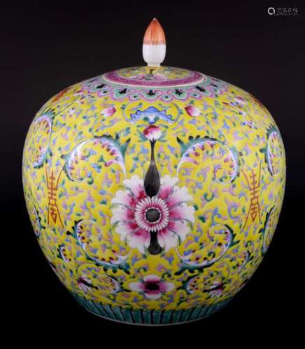 Chinese yellow ground ovoid vase and cover decorated with bats, shou characters and scrolling flowers and foliage, 25cm high,