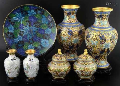 Pair of modern Chinese cloisonne vases with floral and scrolling decoration, on hardwood stands, 27cm high, a pair of smaller vases, pair of pots and covers and a circular plate, all in fitted cases,