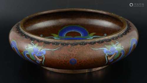Chinese cloisonne bowl the brown ground decorated with a dragon chasing the flaming pearl, four character mark to base, aperture 23cm diameter,