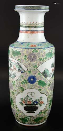 20th century Chinese famille verte rouleau vase, decorated with panels of vases of flowers and landscape scenes, all within a ground of scrolling flowers and foliage, 45cm high,