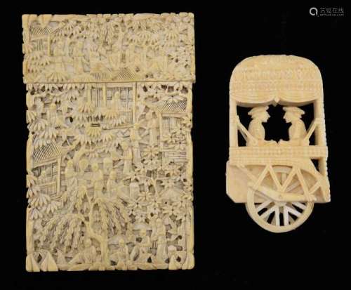 19th century Chinese intricately carved ivory card case, depicting figures in a courtyard with willow trees, 11.5cm x 7cm, and an Indian ivory carving of two men in a carriage,PLEASE NOTE: THIS ITEM CONTAINS OR IS MADE OF IVORY. Buyers must be aware