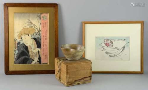 Japanese late 18th century Yamashiro Taisan ware pottery bowl, and two prints,