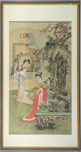 Chinese scroll painting depicting three ladies in a garden, one with a rui sceptre, another with a vase, the other with peaches and a cup, with calligraphy and red seal mark, framed, 110cm x 56cm