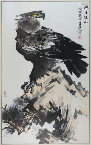 Wang Jingru, 1923-1996, Eagle perched on a rocky outcrop, with calligraphy and red seal marks, image size 96cm x 59cm, framed,