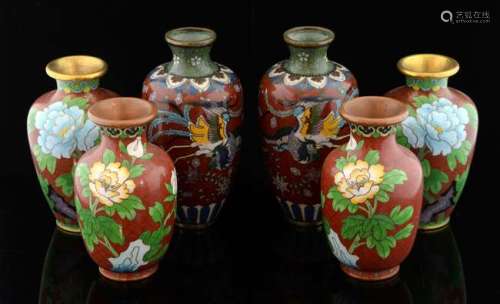 Pair of Chinese cloisonne vases decorated with Phoenixes and butterflies, 13cm high, and two smaller pairs decorated with flowers,